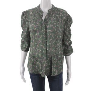 Muche Et Muchette Women Tunic Green Floral 3/4 Sleeve Collared Size One